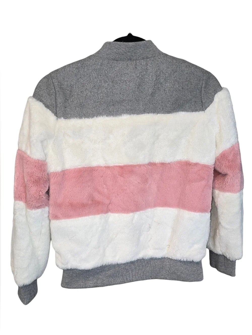 Kensie Girl Faux Fur Pink White Gray Stripe Bomber Jacket Size 10/12